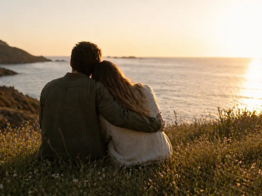 pareja adultos espaldas puesta sol